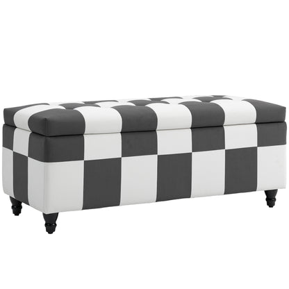 Susula Velvet Dark Grey And White Check Pattern Storage Bench With Wooden Legs