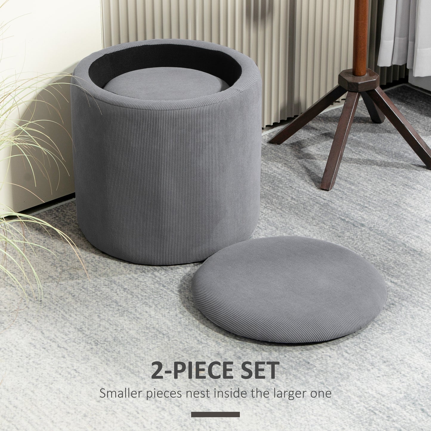 Seleco Set Of 2 Corduroy Grey Round Storage Ottomans