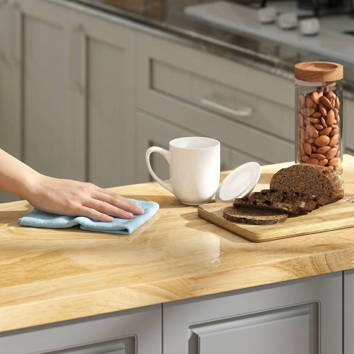 Norado Grey and Natural Wooden Rolling Kitchen Island With Drop Leaf Drawer Towel And Spice Racks