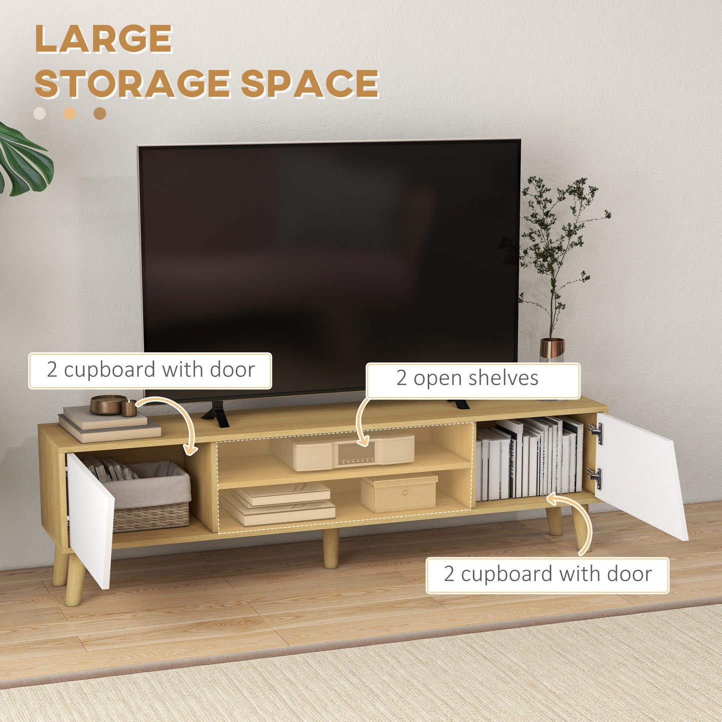 Katoha Sadi Wooden White And Wood Effect Scandinavian Style TV Console With Storage
