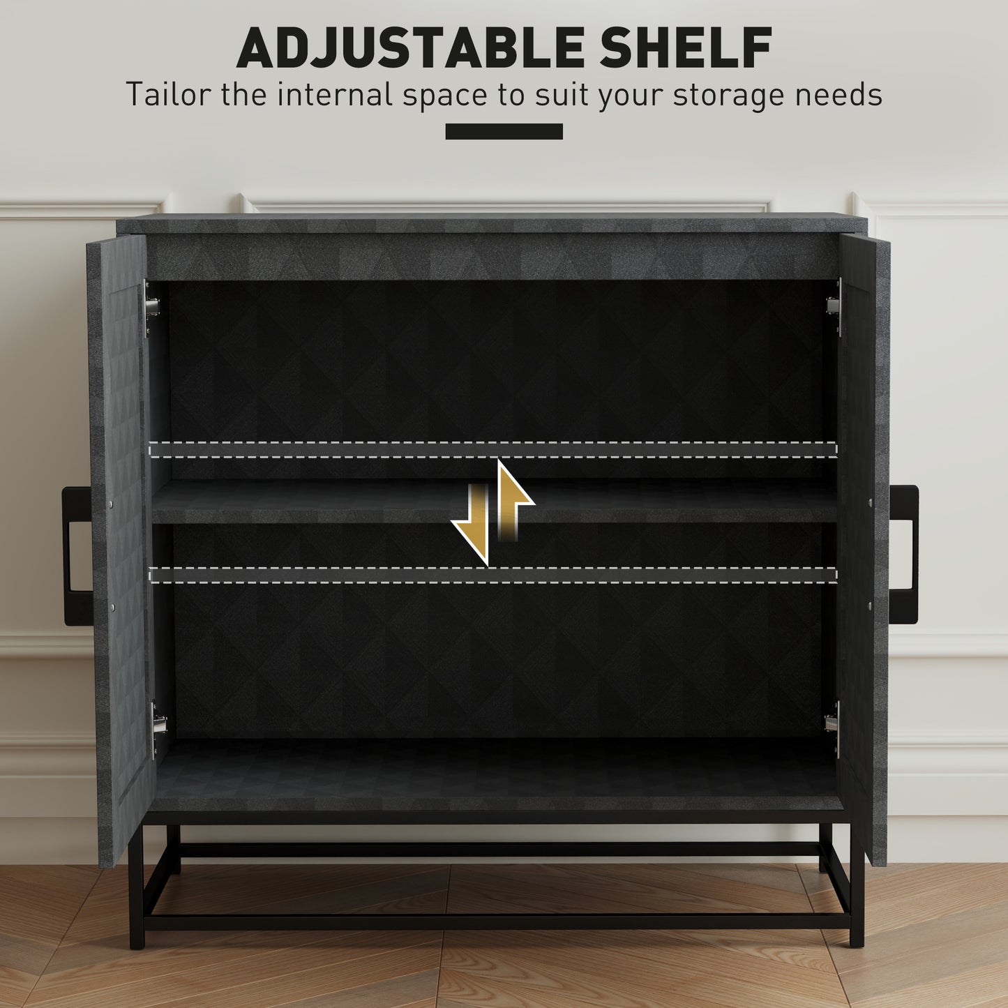Nelima Black Freestanding Retro Sideboard With Double Doors Geometric Pattern