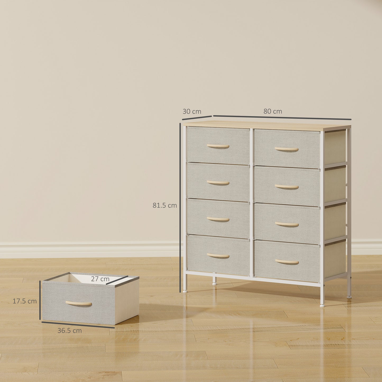 Panora Metal And Fabric Maple Wood Effect 8 Drawer Industrial Storage Dresser