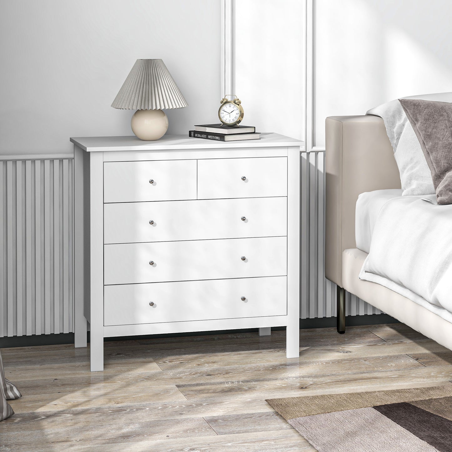 Kesumo Wooden White Wide 5 Drawer Chest For Bedroom Storage