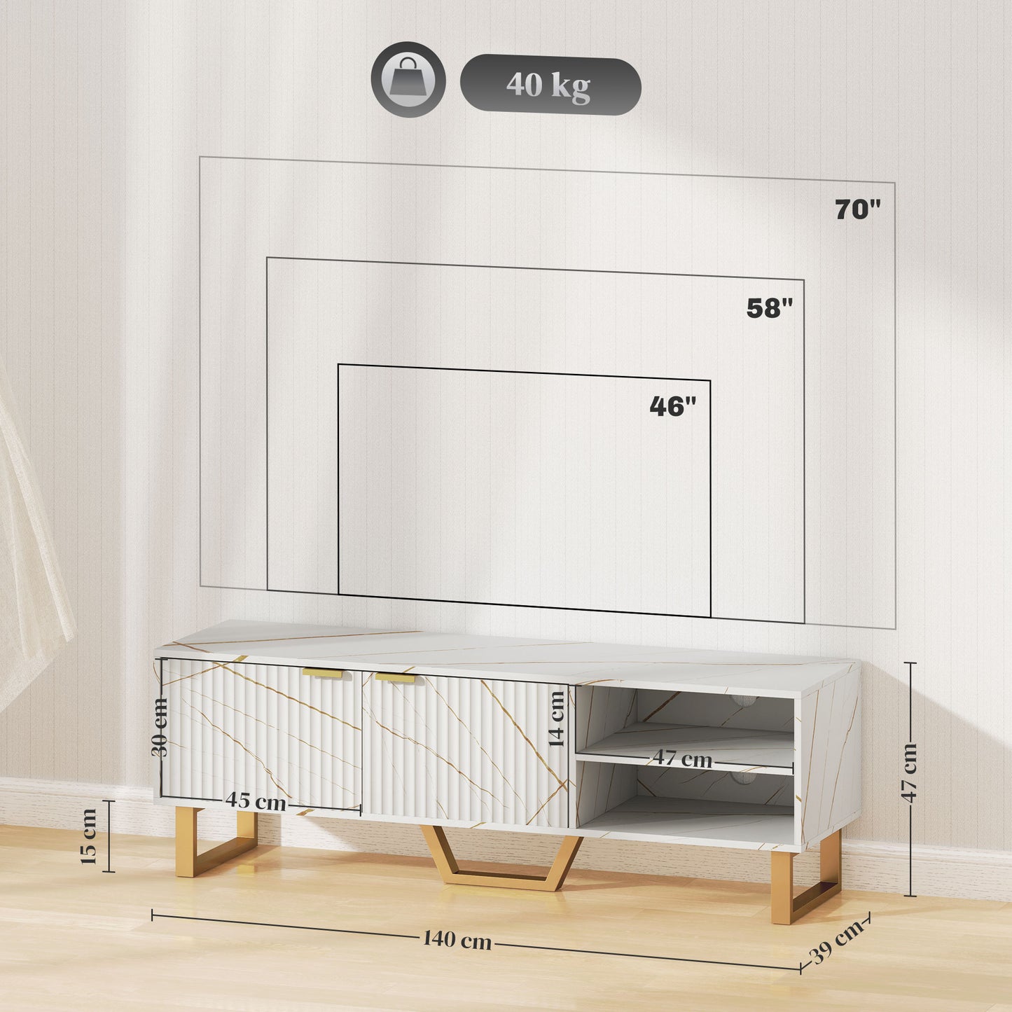 Veriri 140cm White Marble and Gold Effect TV Unit With Fluted Doors For Screens Up To 70 Inches