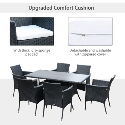 Loreke Black Rattan 6 Seater Outdoor Dining Set With Armchairs And Glass Top Table