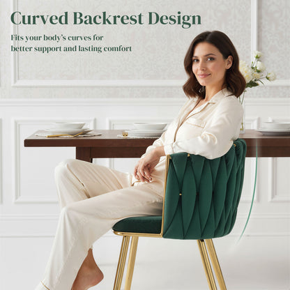 Sosura Set Of 2 Dark Green Velvet Upholstered Dining Chairs With Woven Backrest