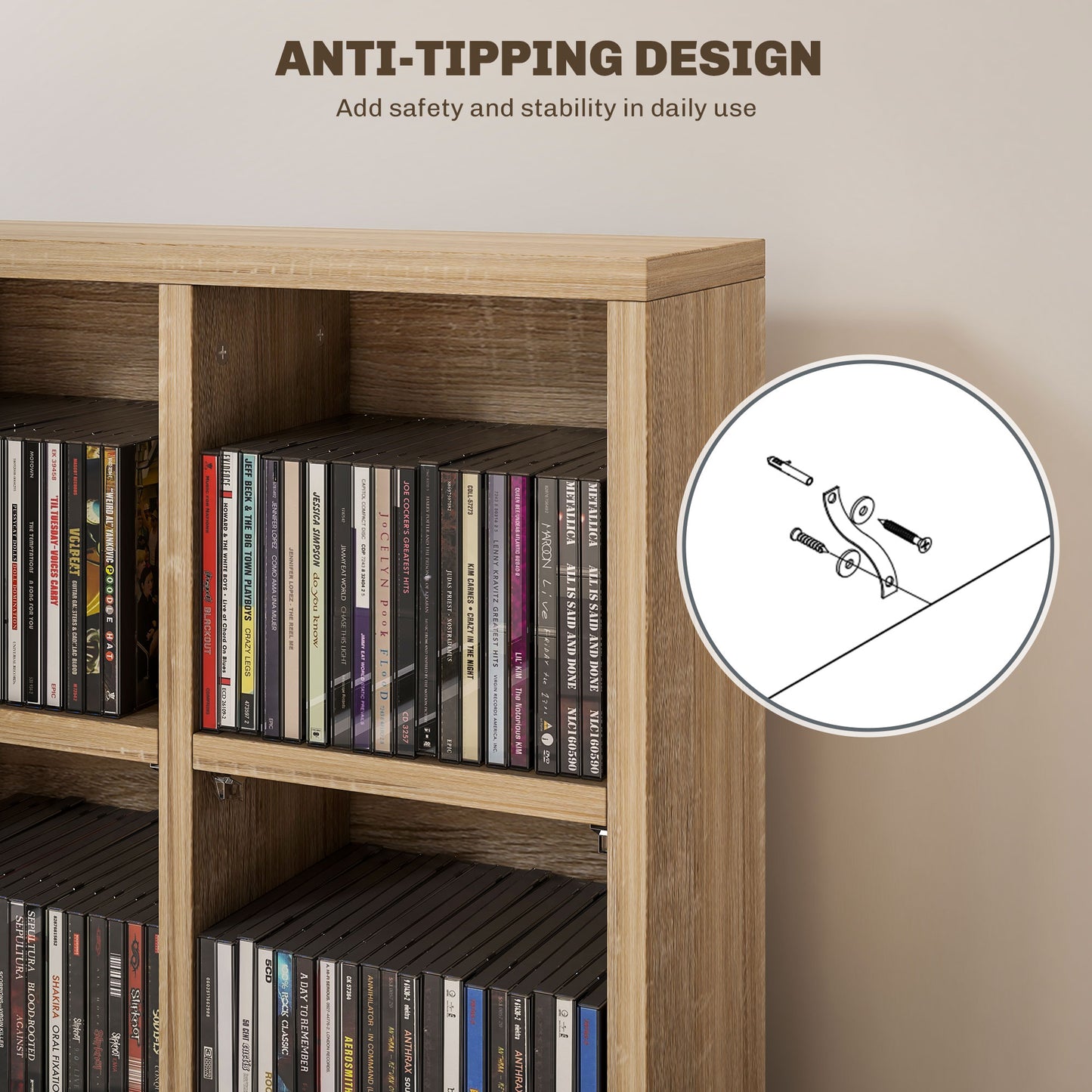 Sufato Wood Natural Finish Adjustable CD Storage Cabinet 89 x 130.5 cm