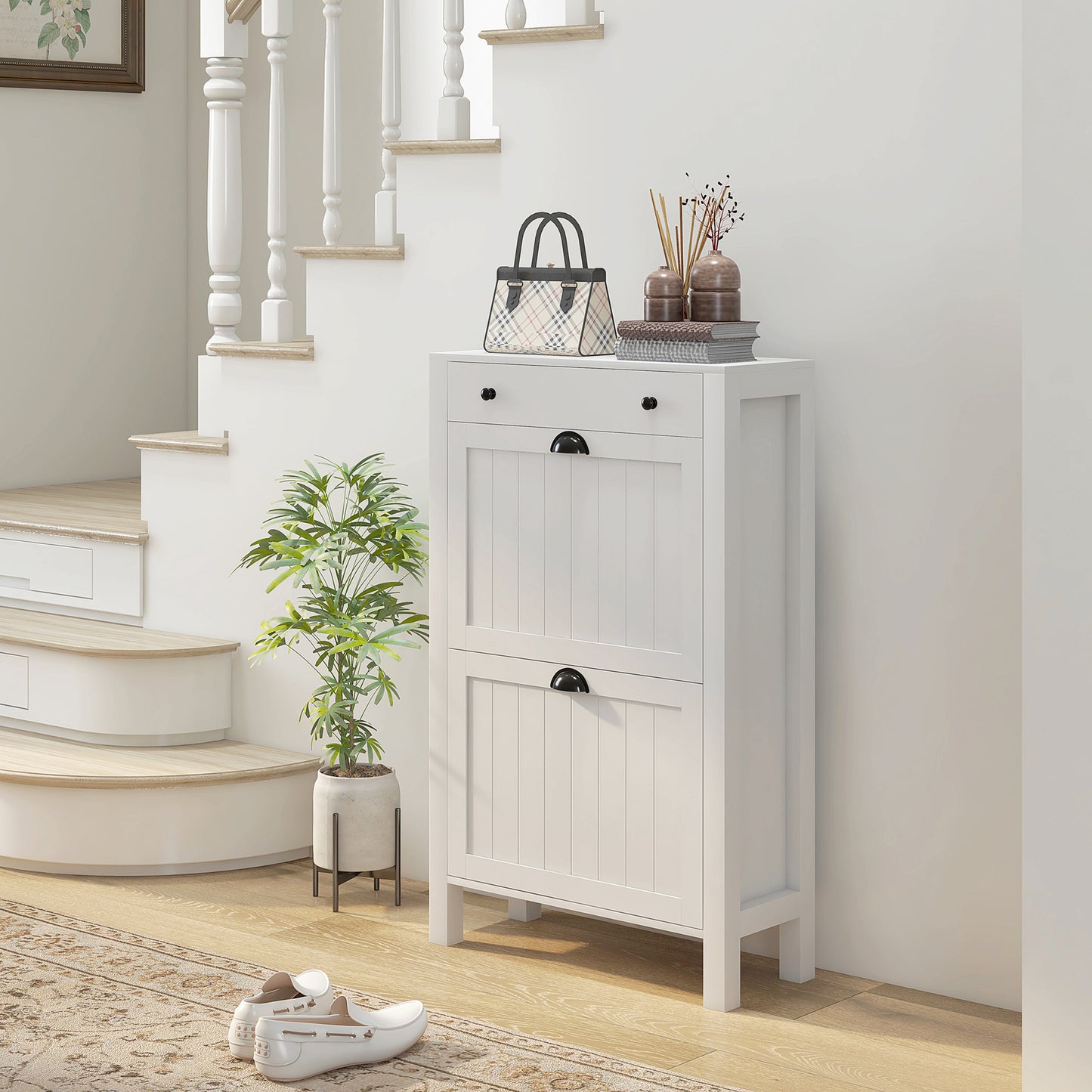 Sora Wooden White Slim Shoe Cabinet With 2 Flip Drawers