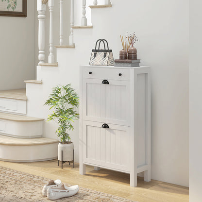 Sora Wooden White Slim Shoe Cabinet With 2 Flip Drawers