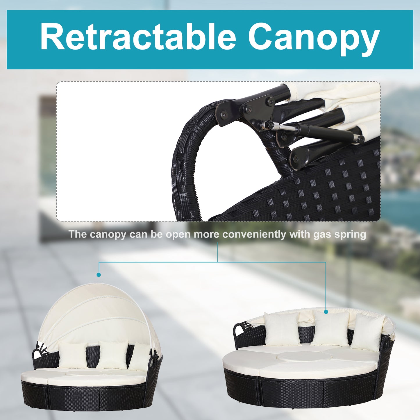 Taso Veli Rattan Black And White 5 Piece Outdoor Daybed Set With Canopy