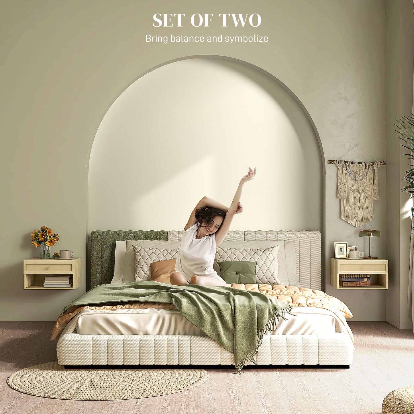 Tovelu Set Of 2 Wood Effect Floating Bedside Tables With Rattan Panels