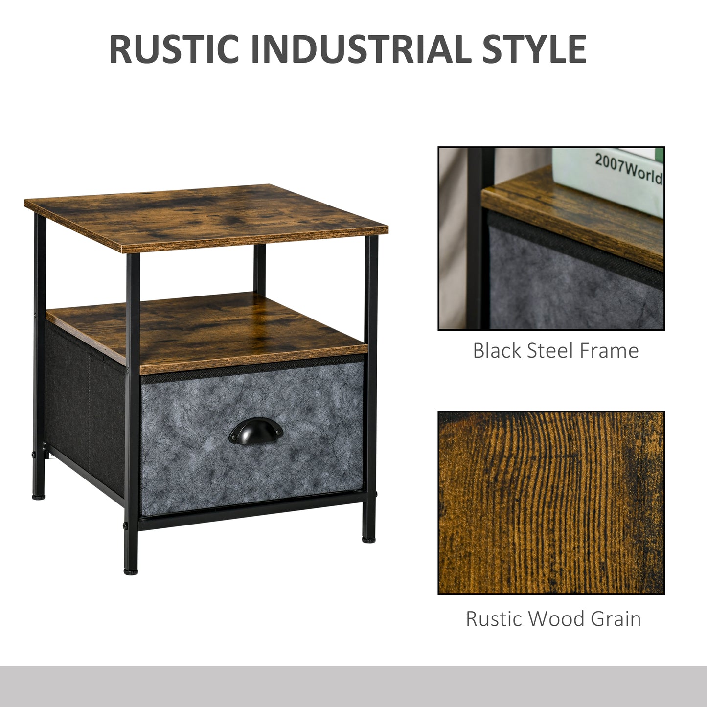 Nehayo Set of 2 Wooden Rustic Brown Bedside Tables With Grey Fabric Drawers