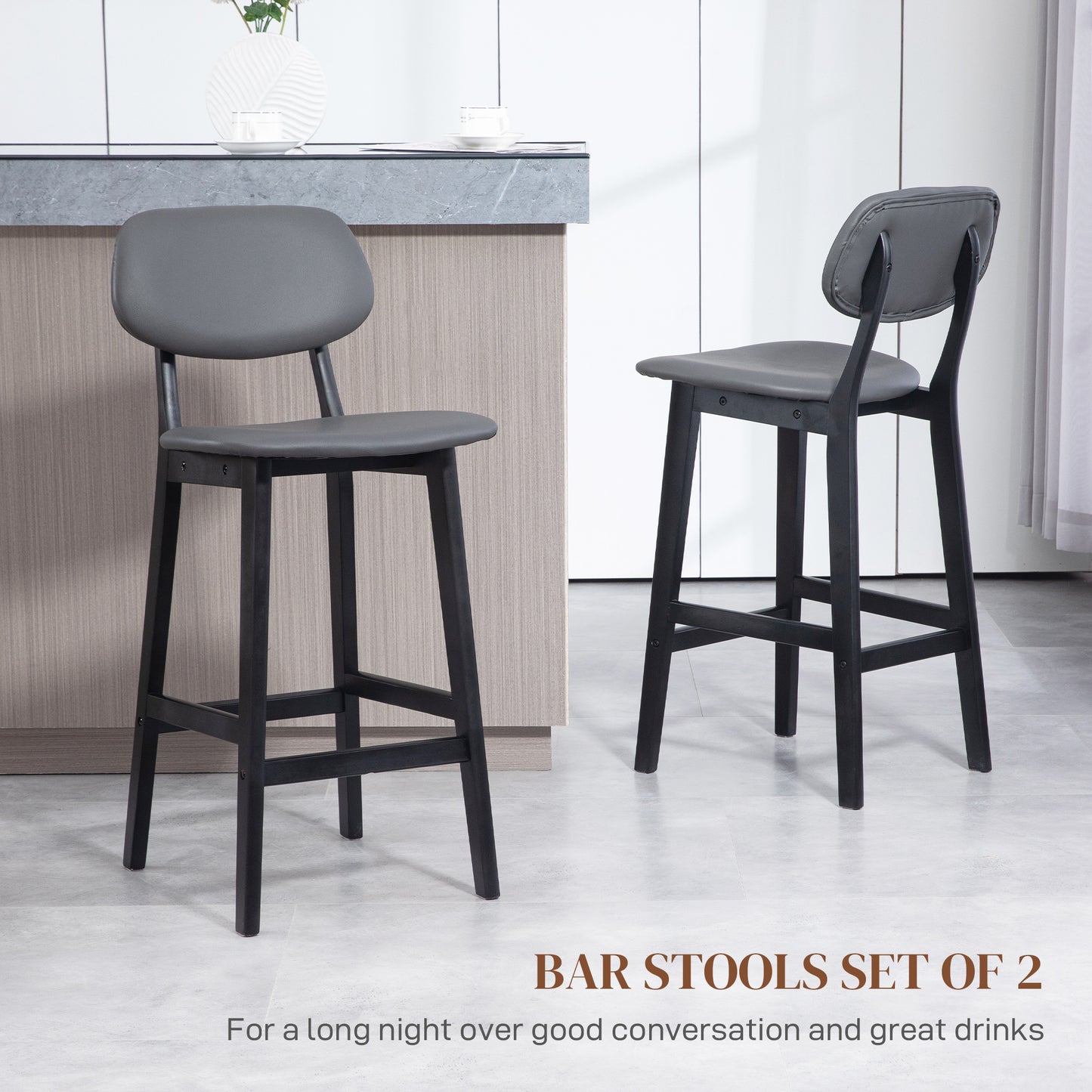 Lavidiel Faux Leather Dark Grey Bar Stools Set Of 2 With Back Support And Wood Legs