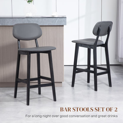 Lavidiel Faux Leather Dark Grey Bar Stools Set Of 2 With Back Support And Wood Legs