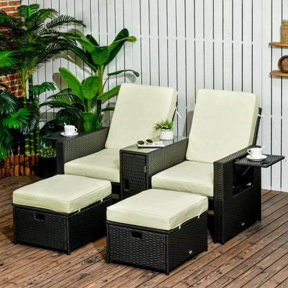 Niludo Faux Rattan Black and Cream 5 Piece Adjustable Sun Lounger Set With Storage Table And Footstools