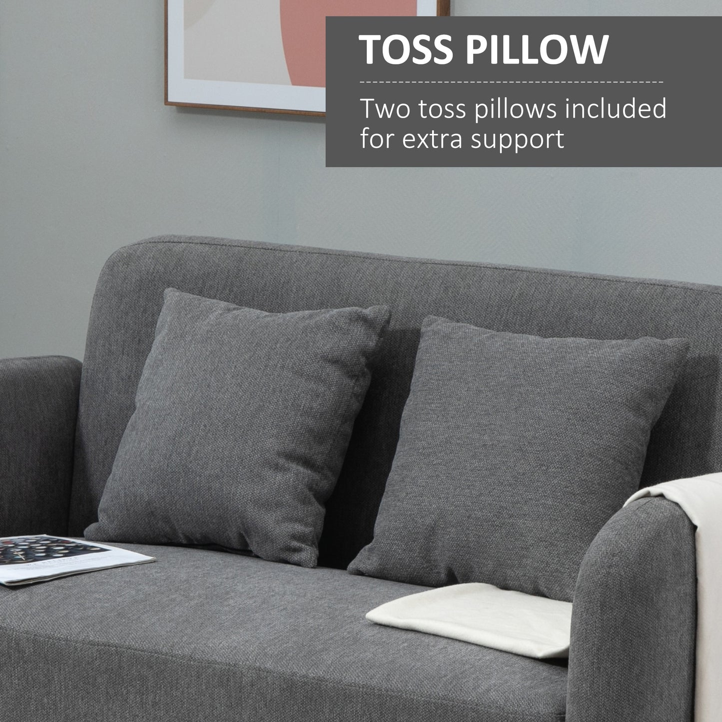 Rocoro Fabric Grey 2 Seater Sofa With Cushions Armrests And Wooden Legs