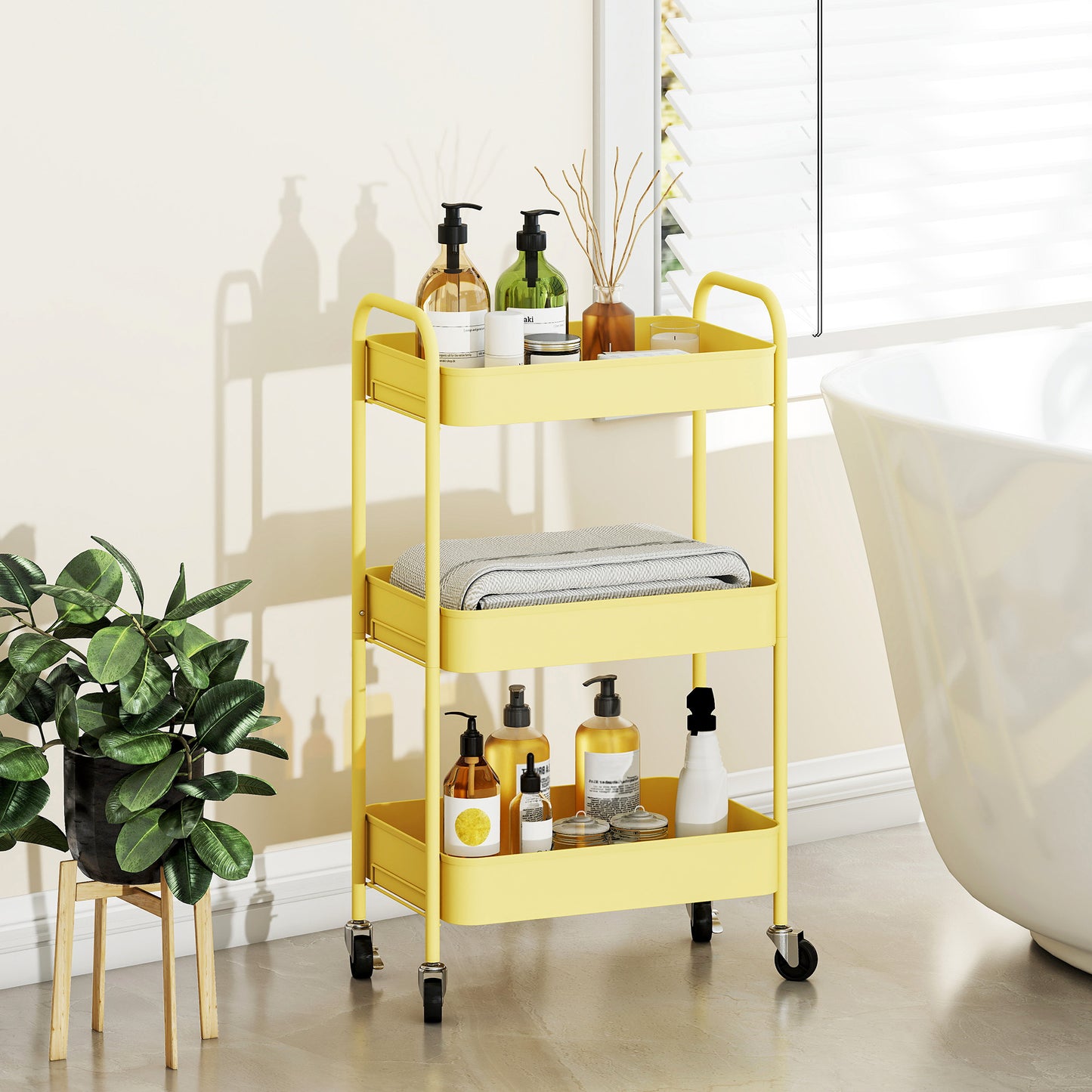 Firi Metal Yellow 3 Tier Steel Storage Trolley With Wheels