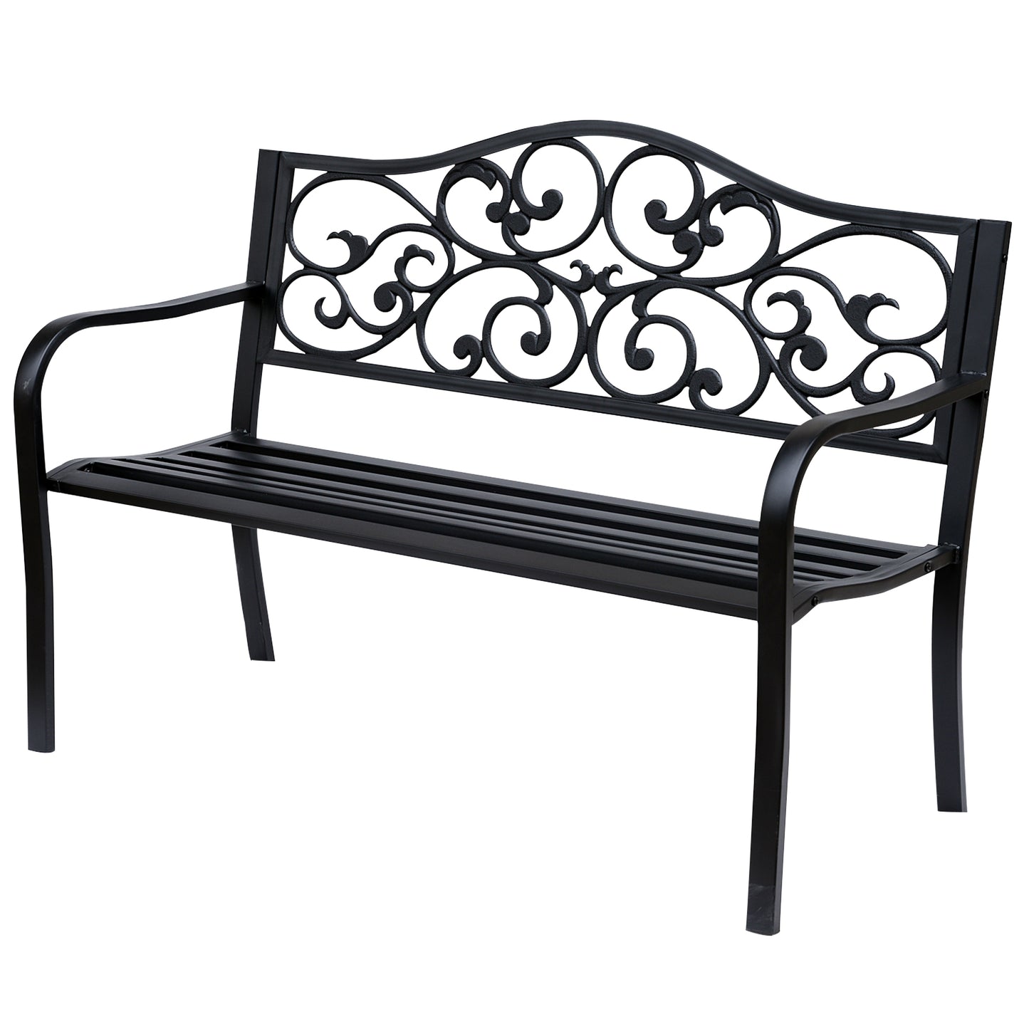 Faneso Metal Black Garden Bench With Floral Backrest And Armrests