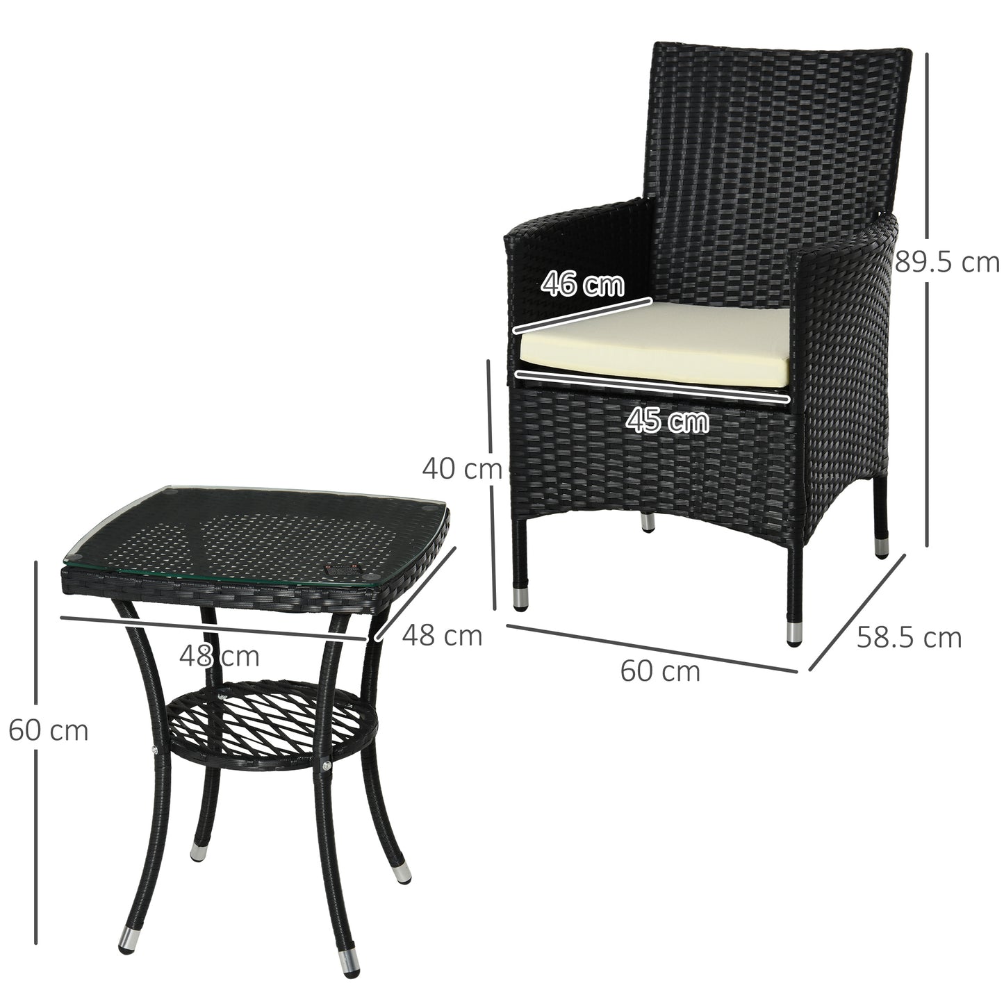 Rafifi Black Rattan 3 Piece Outdoor Bistro Set With Cushions And 2 Tier Coffee Table