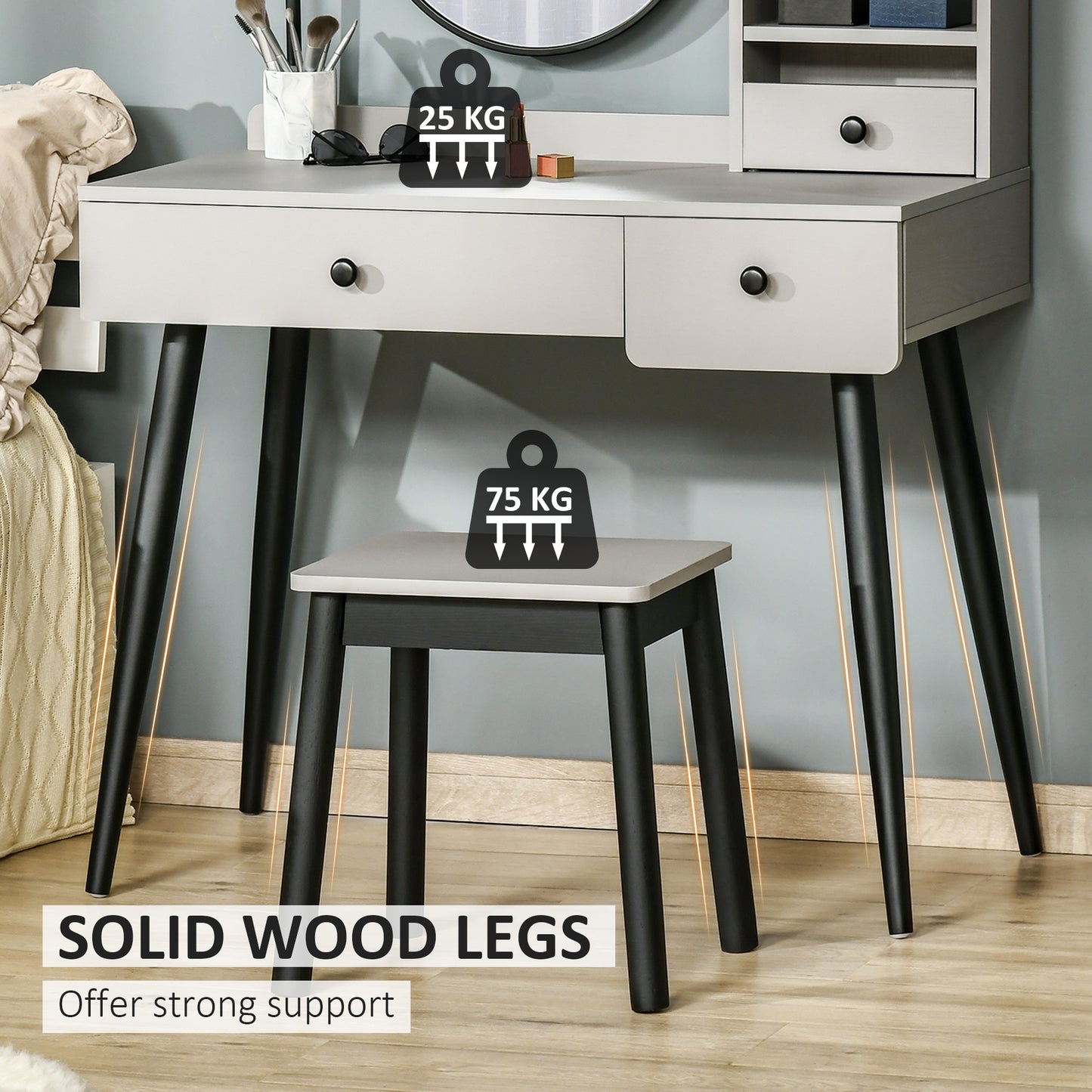 Ravato Grey Dressing Table And Stool Set With 3 Drawers And OFauxn Shelving