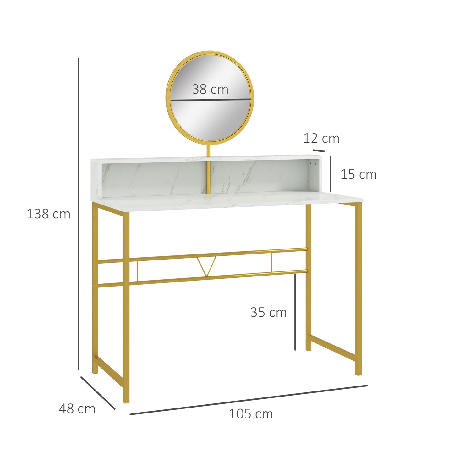 Toel White Faux Marble Dressing Table With Round Mirror Steel Frame And OFauxn Storage