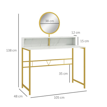 Toel White Faux Marble Dressing Table With Round Mirror Steel Frame And OFauxn Storage