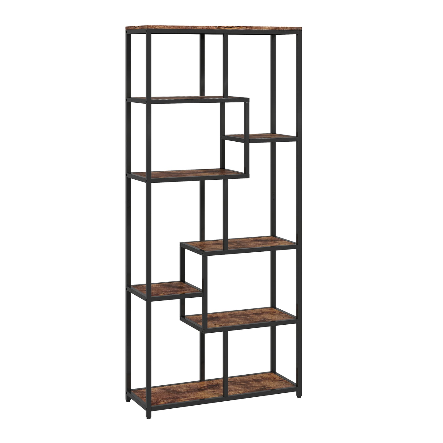 Lulomi Wood And Metal Brown And Black 7 Tier Geometric Display Bookcase
