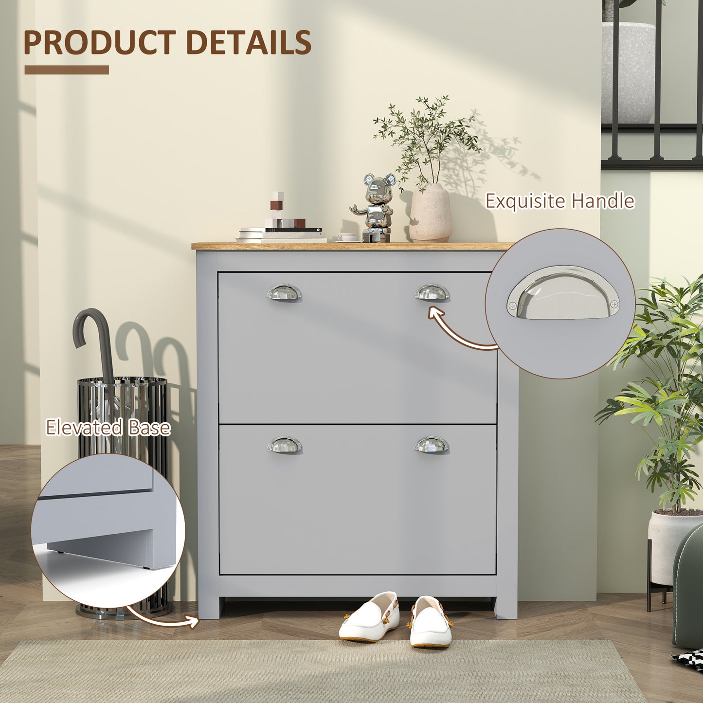 Kamcha Grey and Natural Wood Narrow Shoe Cabinet With 2 Flip Drawers For 6 To 12 Pairs