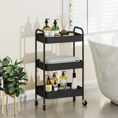 Varafi Metal Black 3 Tier Steel Storage Trolley With Wheels