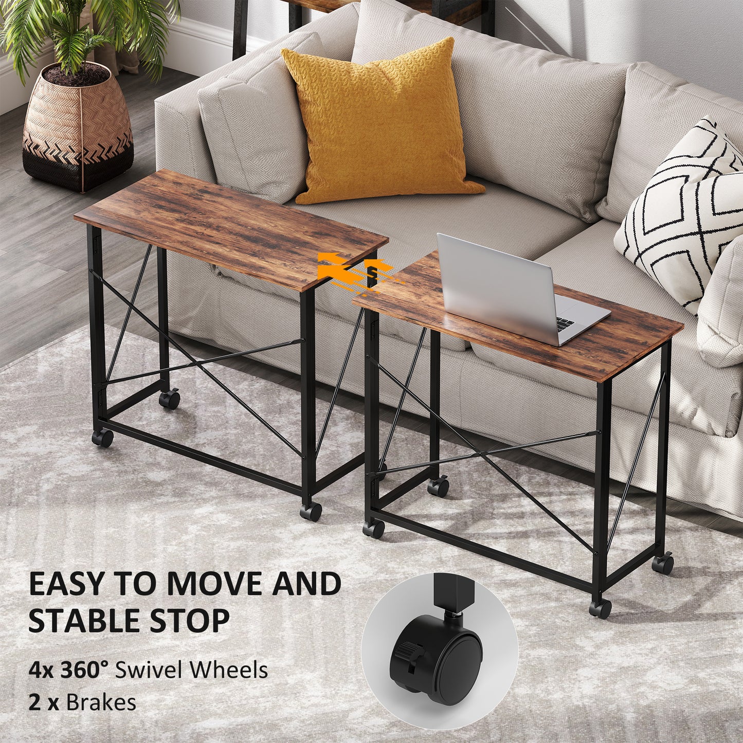 Maco 80cm Wooden Rustic Brown Folding Desk On Lockable Wheels