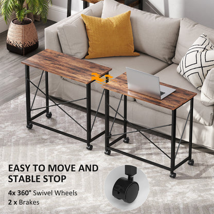 Maco 80cm Wooden Rustic Brown Folding Desk On Lockable Wheels