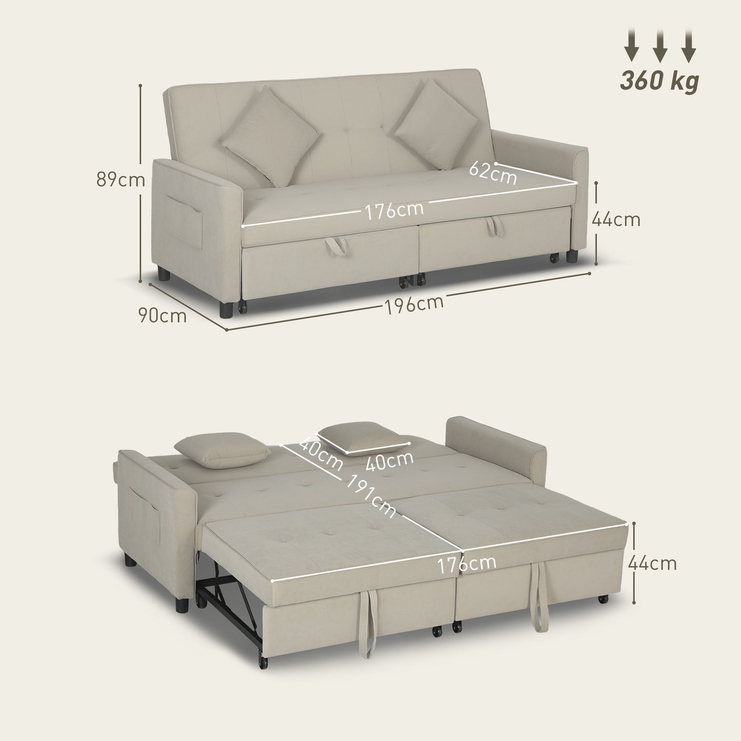 Yokari Beige Upholstered 3 Seater Convertible Sofa Bed Tufted
