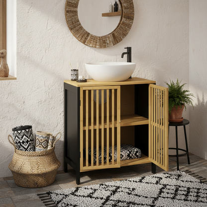 Rotove Bamboo Style Under Sink Bathroom Storage Cabinet With Cut Out Front