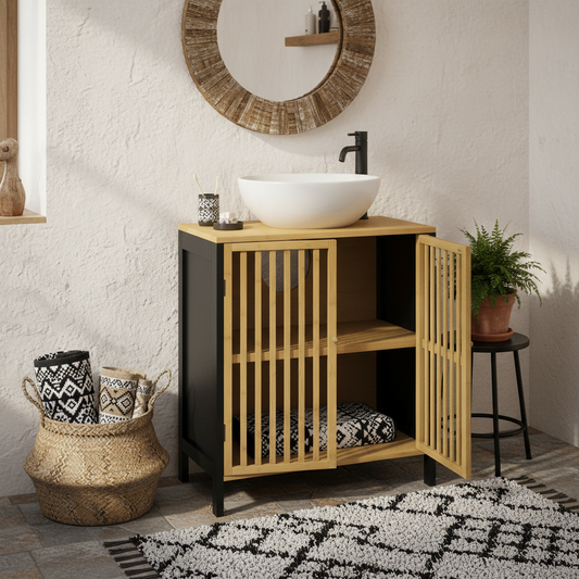 Rotove Bamboo Style Under Sink Bathroom Storage Cabinet With Cut Out Front