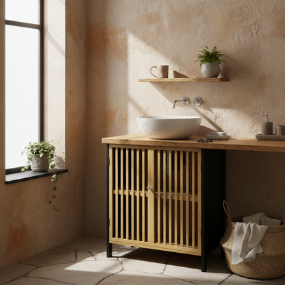 Rotove Bamboo Style Under Sink Bathroom Storage Cabinet With Cut Out Front