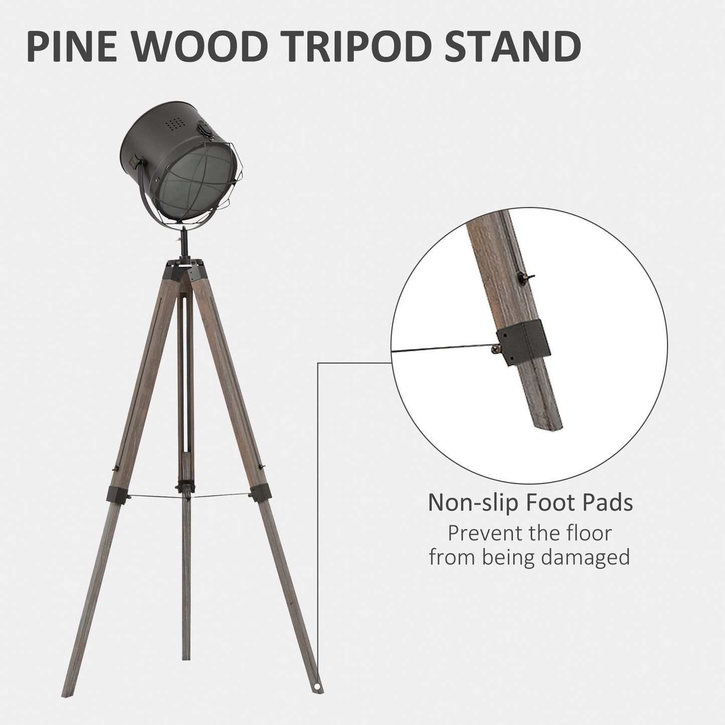 Lesado Zine Wood And Metal Grey Adjustable Tripod Floor Lamp With Spotlight Head