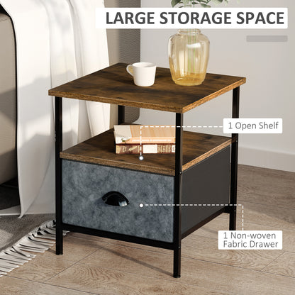 Nasuni Wooden Rustic Brown Bedside Table With Fabric Drawer and Top Shelf