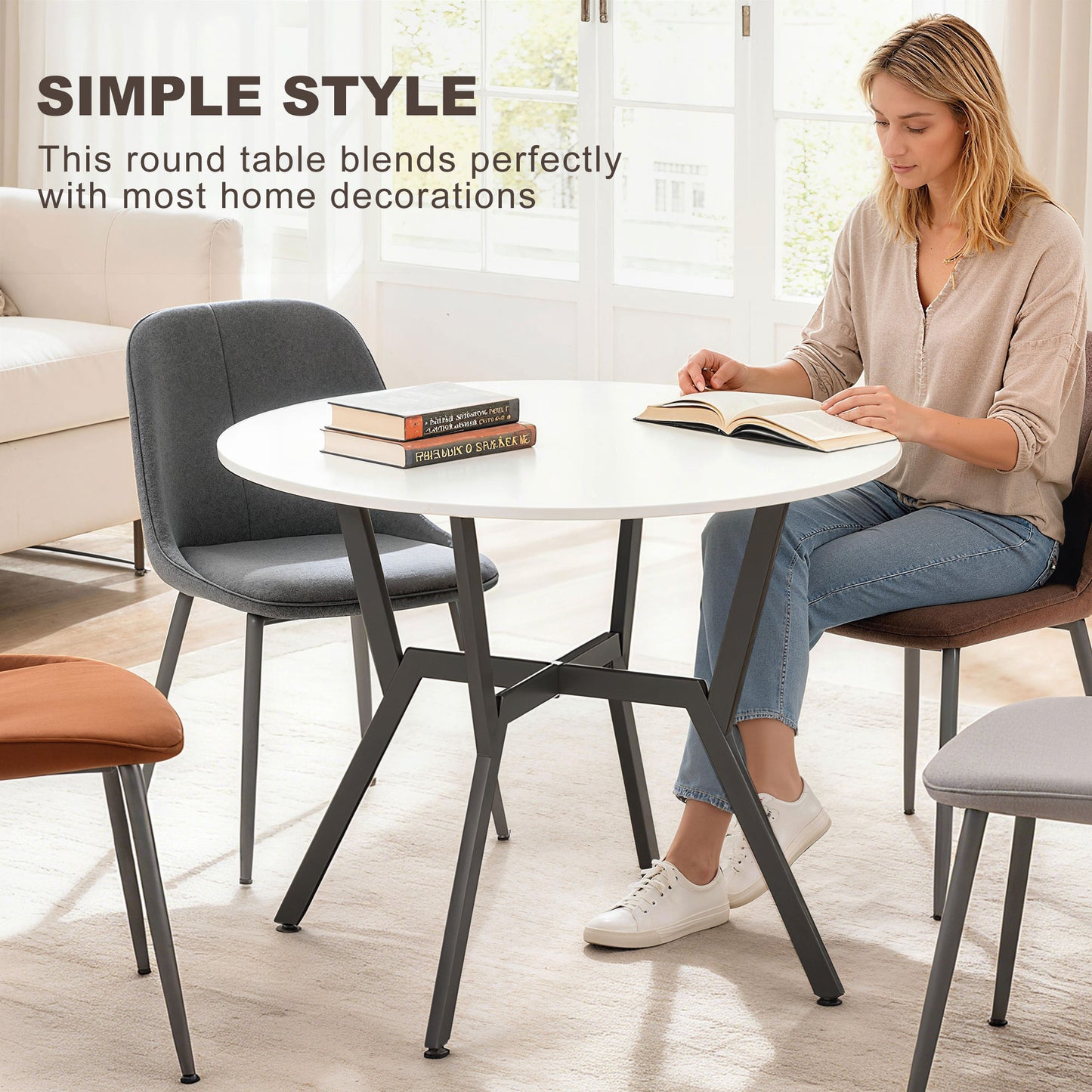 Terretti High Gloss White Round Dining Table With Black Metal Legs 90cm