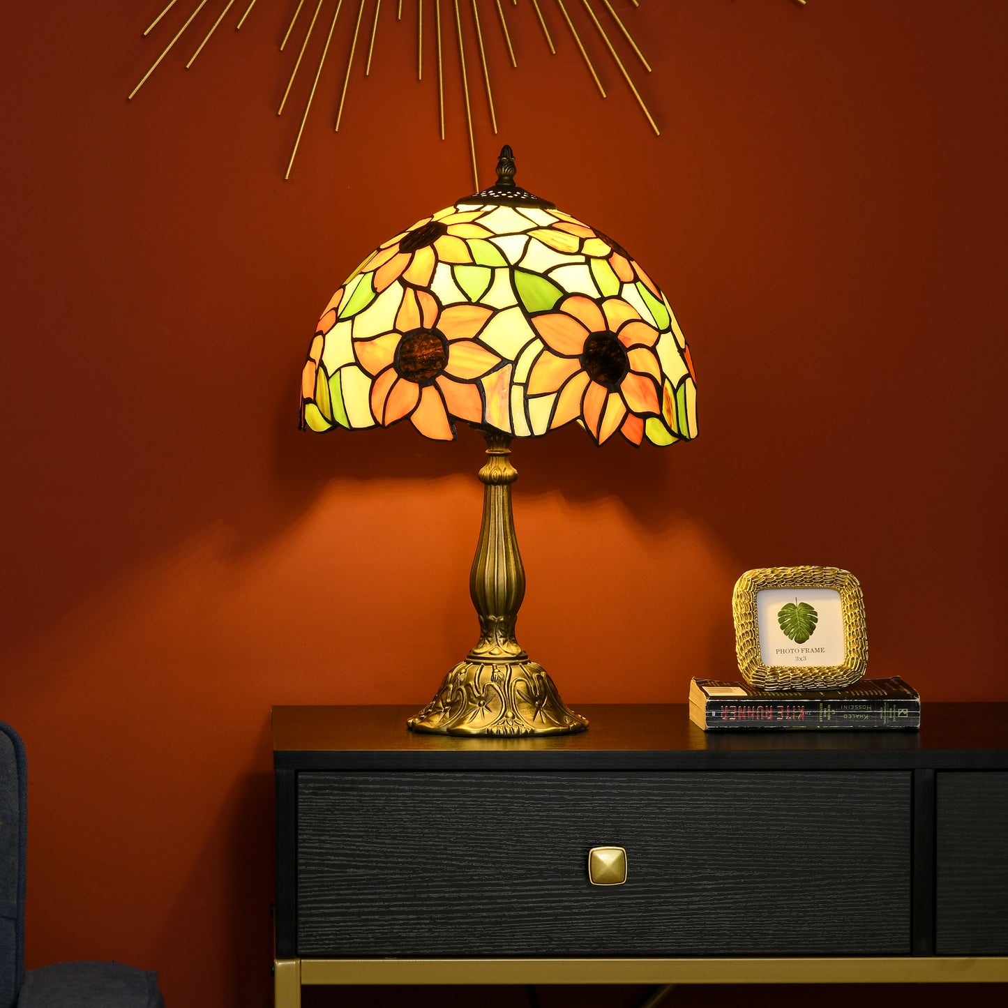 Limbaka Glass And Metal Orange Sunflower Stained Glass Table Lamp