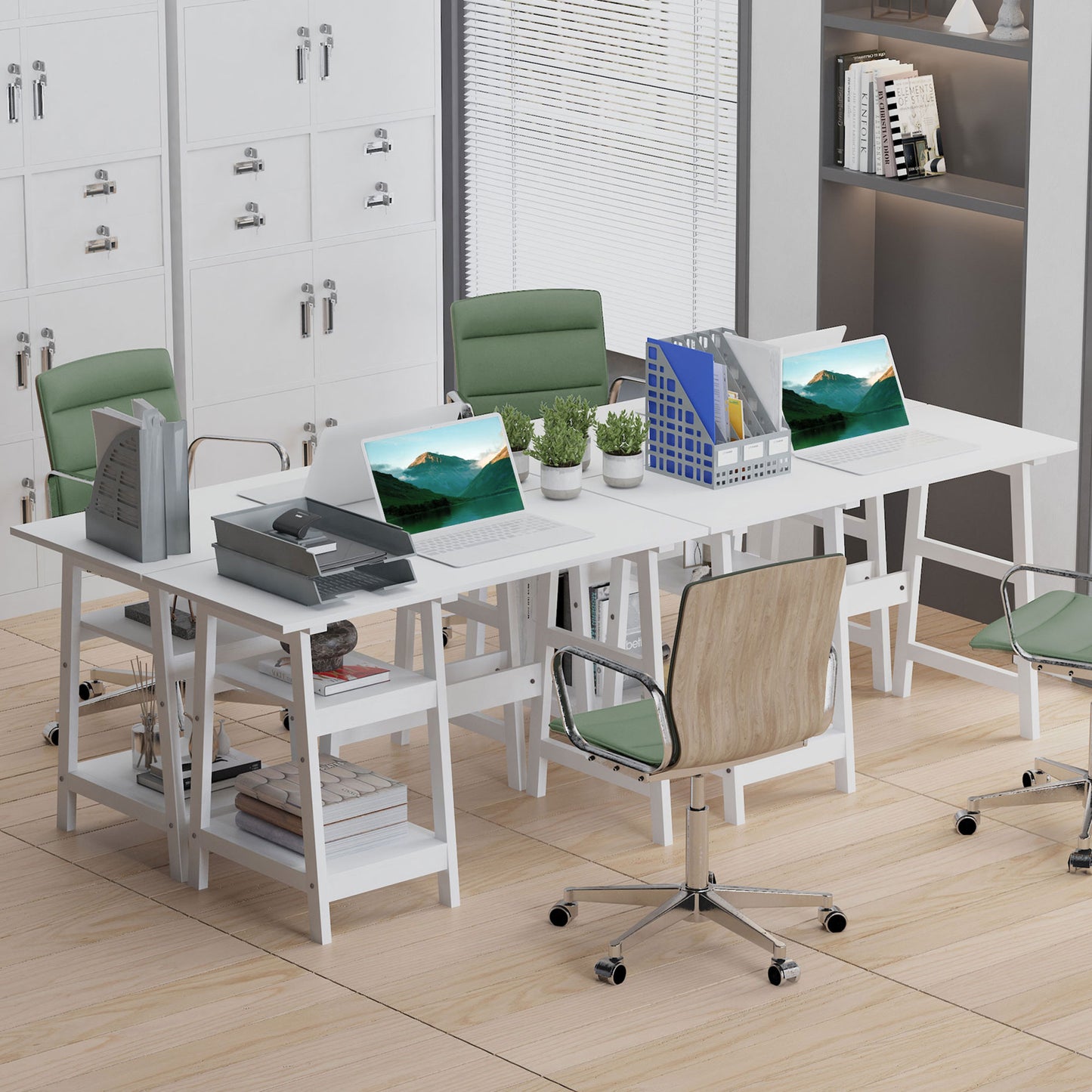 Hakeka 106cm White Wooden Compact Desk With Bookshelf Storage