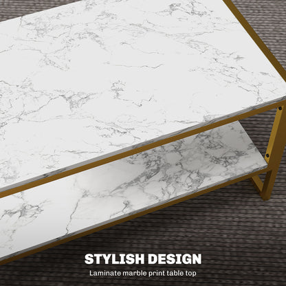 Vile Metal And Wooden White Marble Effect 2 Tier Coffee Table With Bottom Shelf