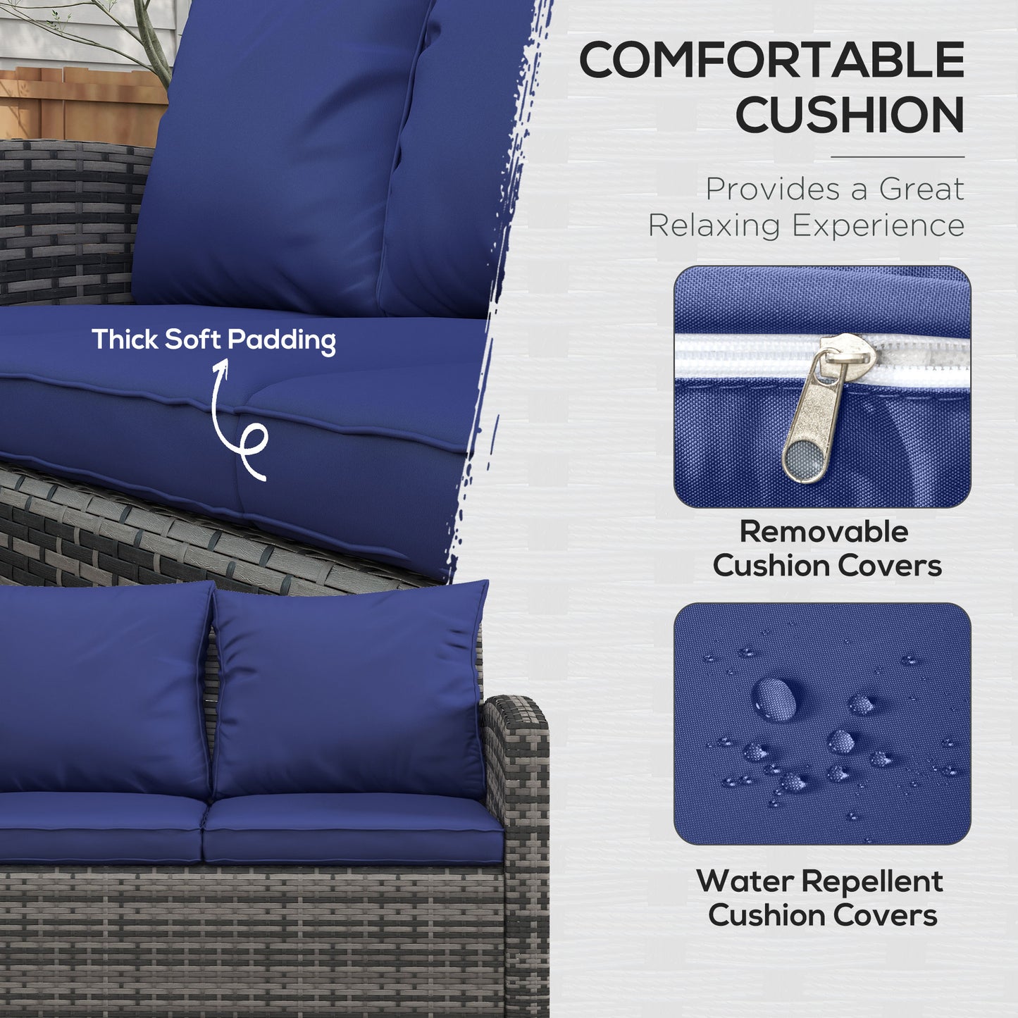 Resuno Grey Rattan Navy Blue 7 Seater Outdoor Sofa Set With Storage Tables