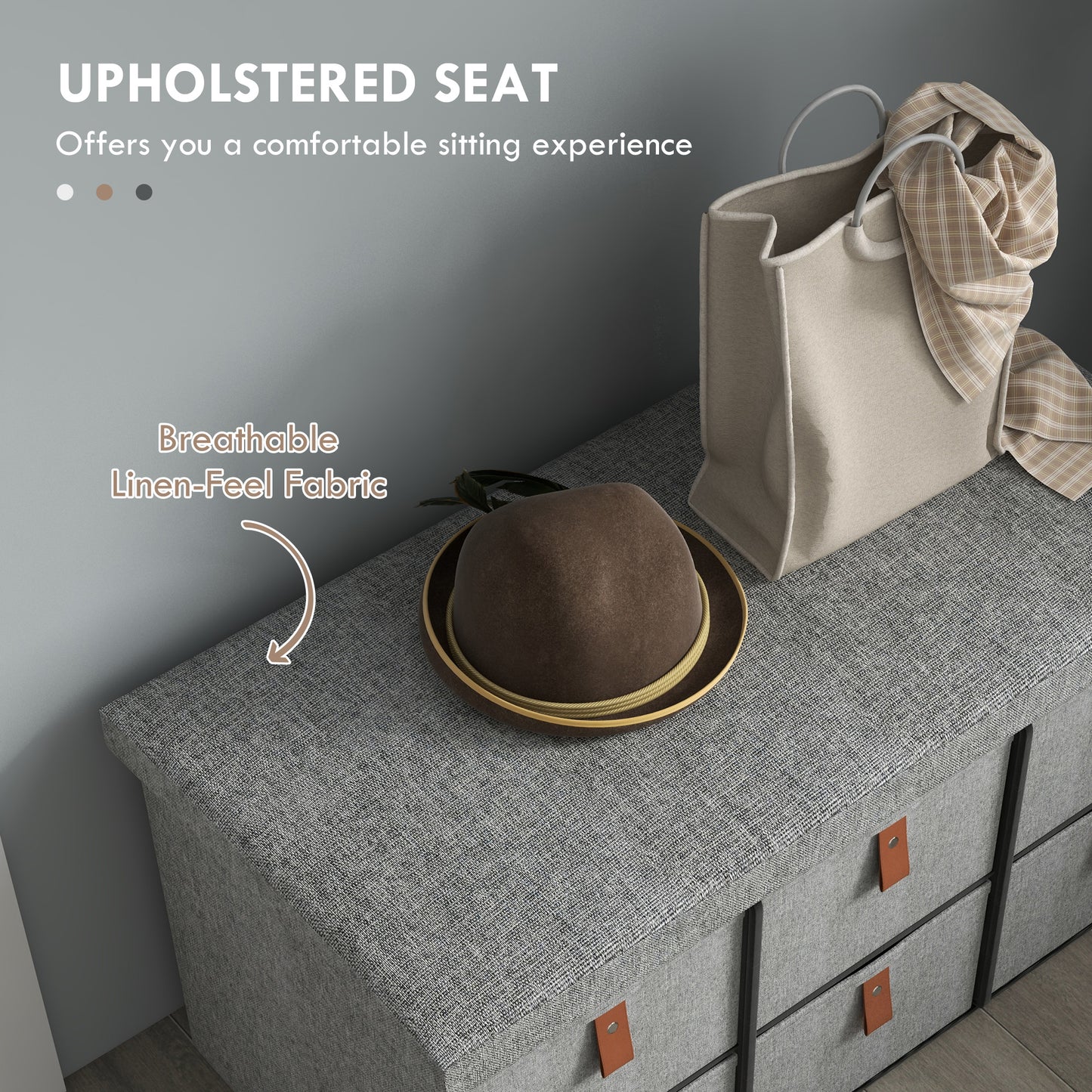 Taelha Light Grey Fabric Shoe Bench With Cushioned Seat And 6 Fabric Drawers