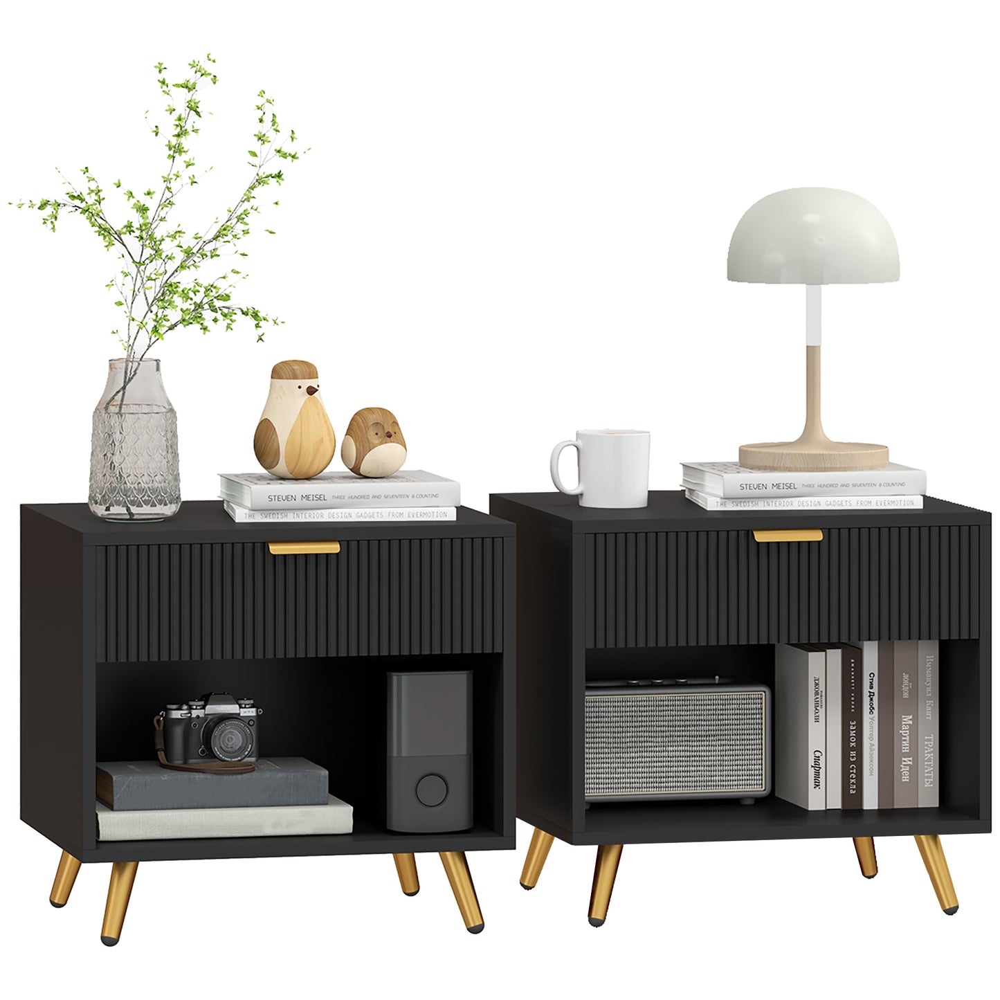 Sota Sola Set Of 2 Black And Gold Ribbed Elegant Bedside Tables With Drawer And Shelf