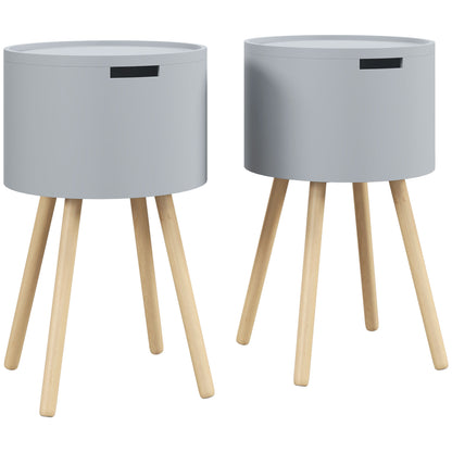 Lipa Wood Grey Set Of 2 Round BEdside Tables With Storage