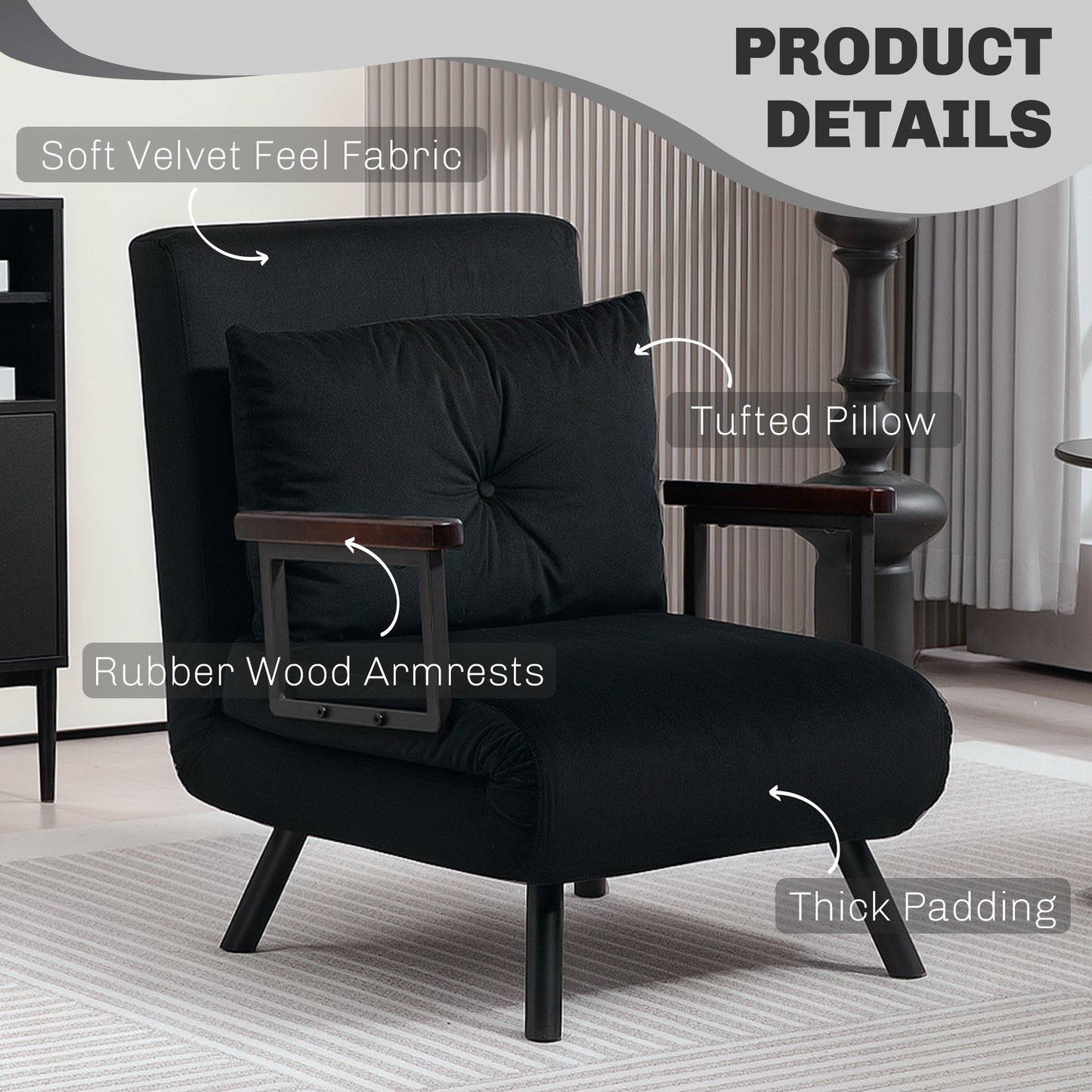 Nenoli Velvet Black 4 In One Convertible Single Chair Bed With Cushion