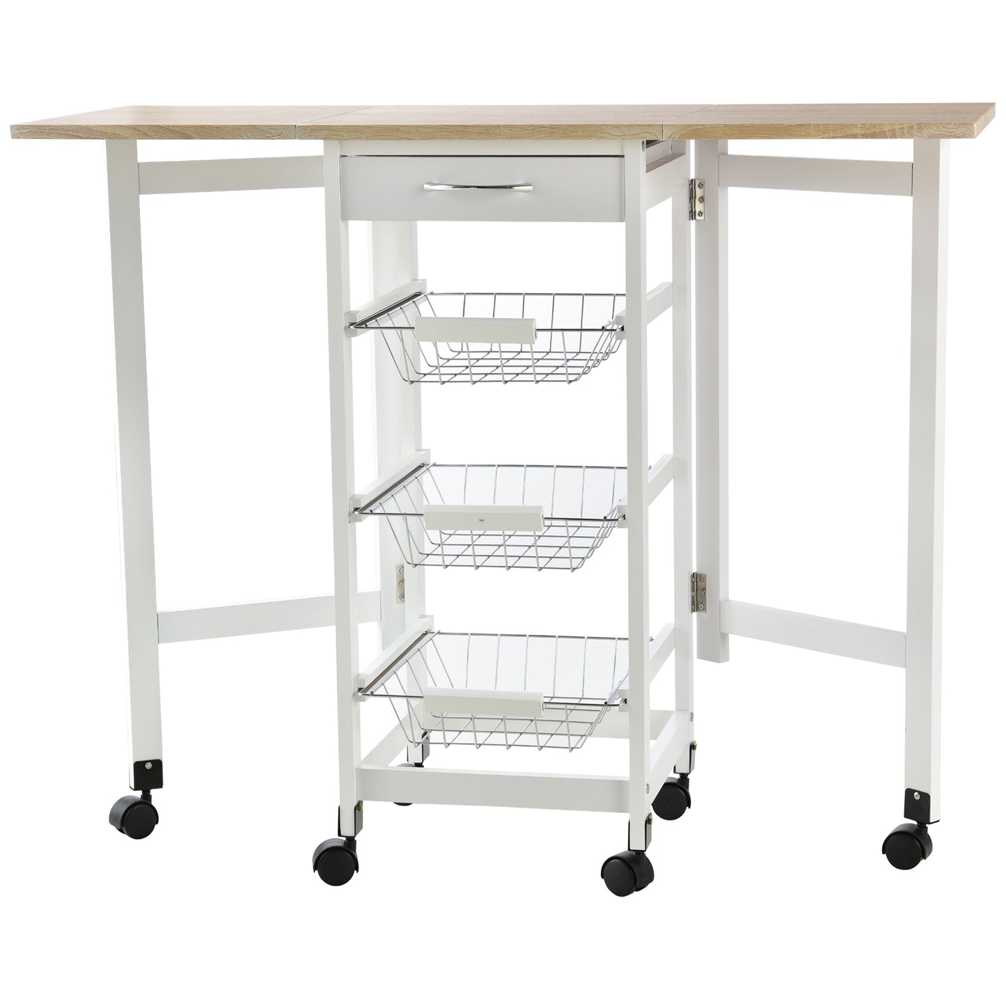 Ziha Wooden White Oak Tone Drop Leaf Kitchen Trolley With Baskets And Wheels