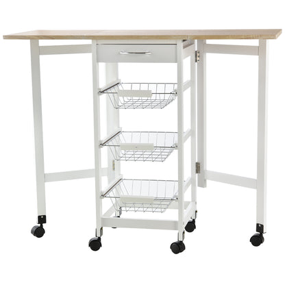 Ziha Wooden White Oak Tone Drop Leaf Kitchen Trolley With Baskets And Wheels