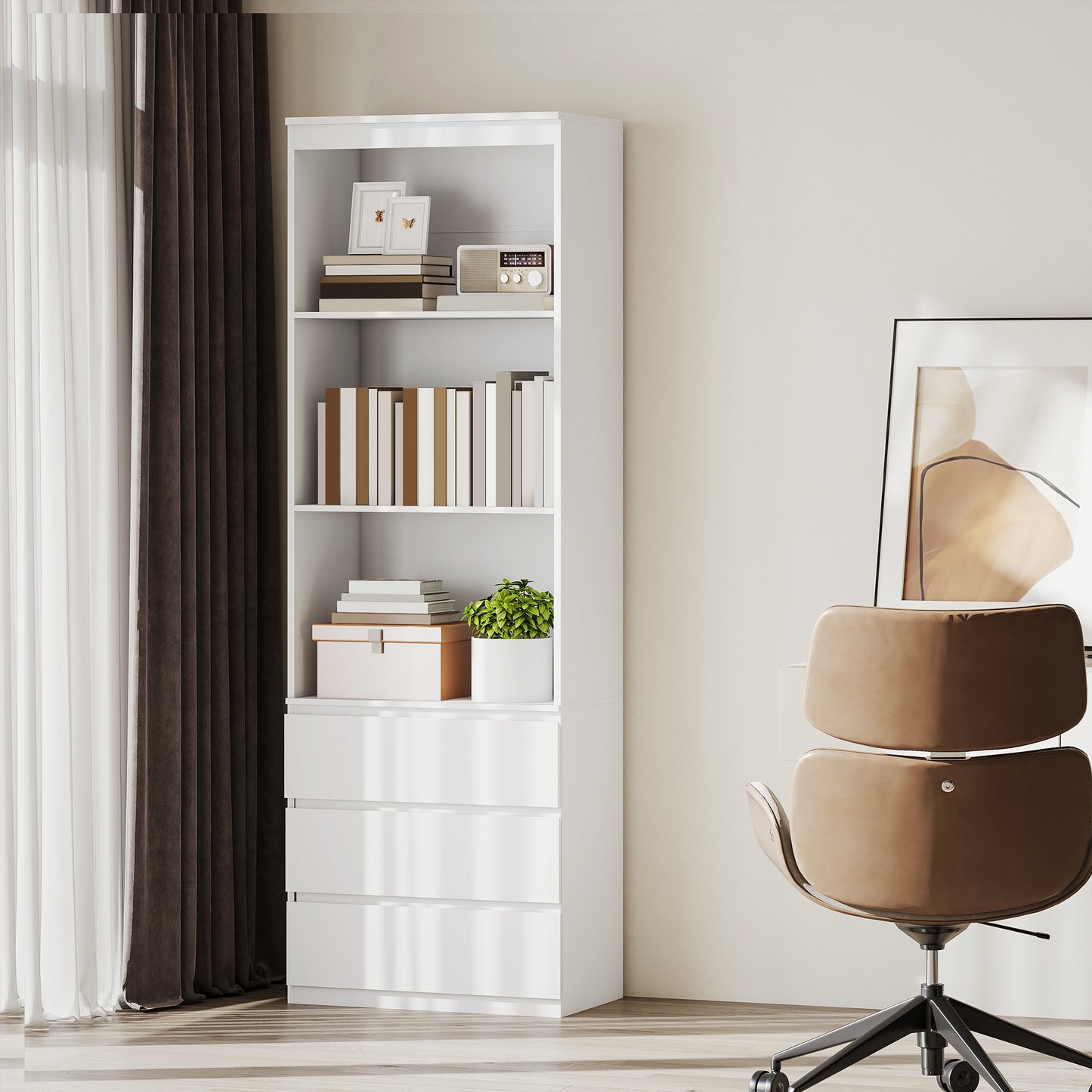 Seso Wood White Tall Bookcase With Shelves And Integrated Drawers 180 cm