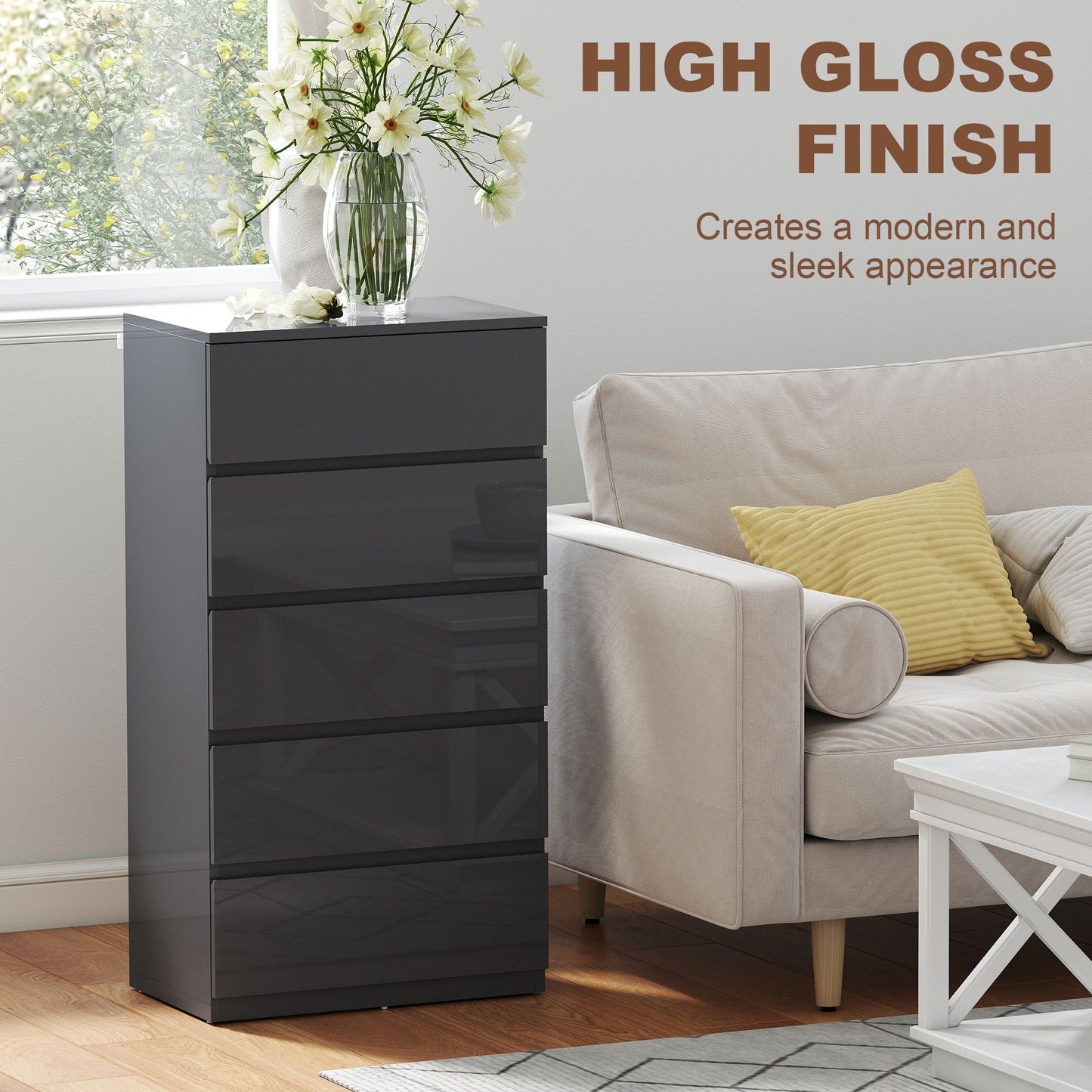 Kevano High Gloss Grey 5 Drawer Modern Storage Chest